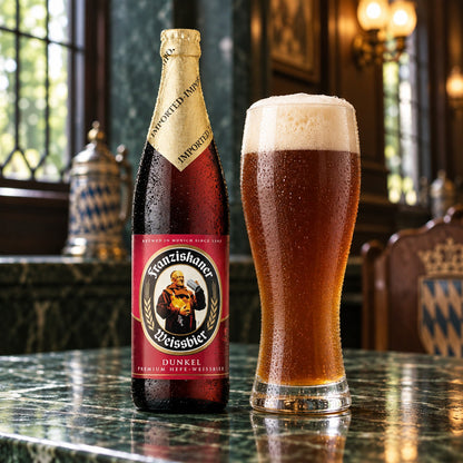 Franziskaner Dunkel: bebida servida en vaso junto a su envase