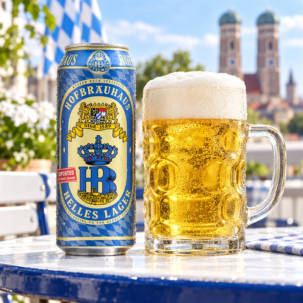 Hofbräuhaus Helles Lager: bebida servida en vaso junto a su envase
