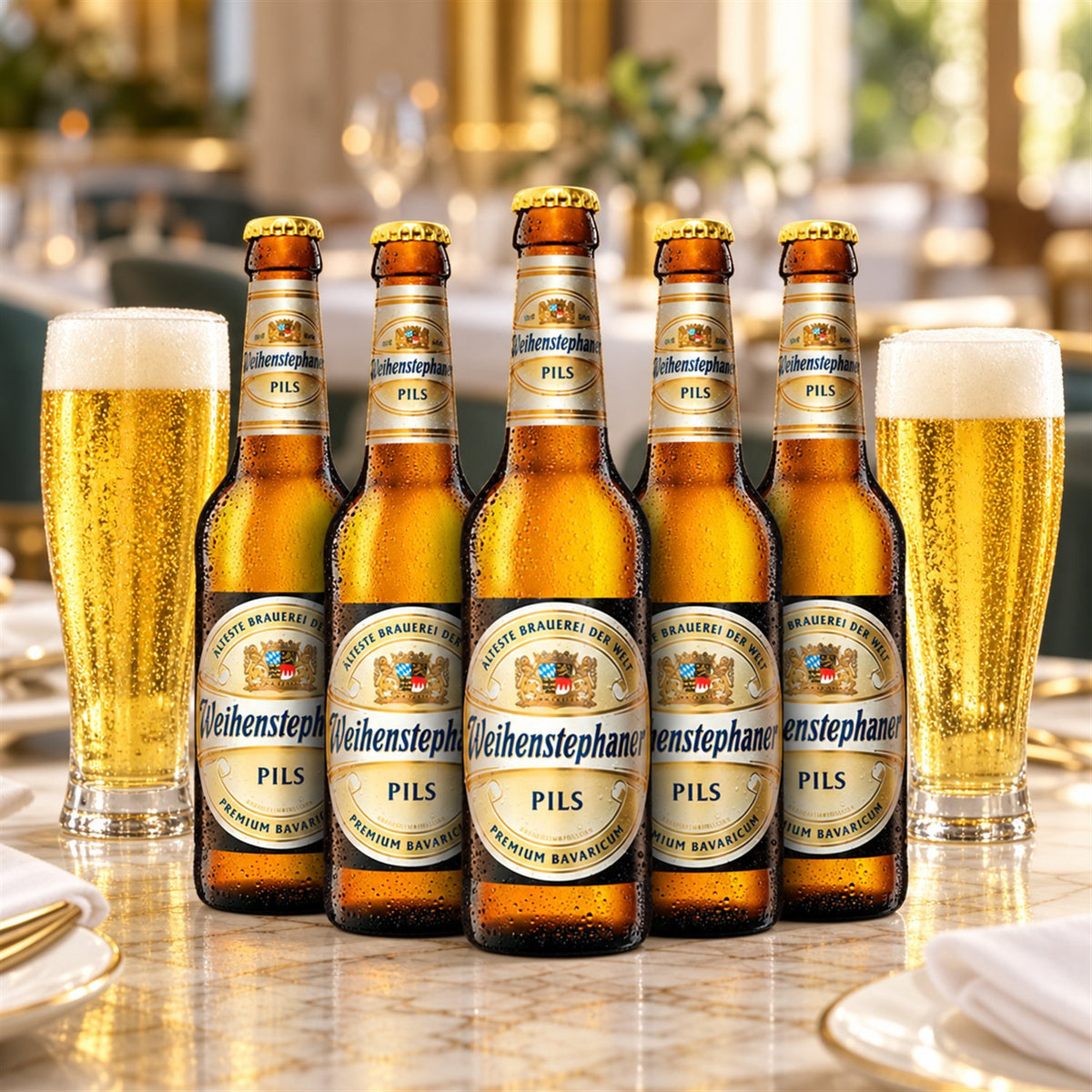 Weihenstephan Pils Caja 24x33cl Botella: bebida servida en vaso junto a su envase
