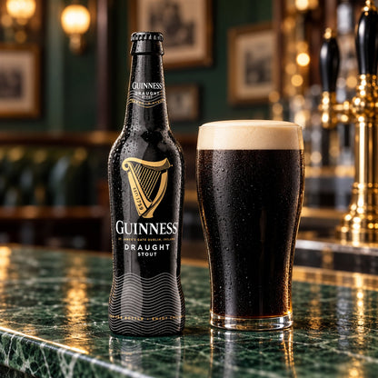 Guinness Draught: bebida servida en vaso junto a su envase
