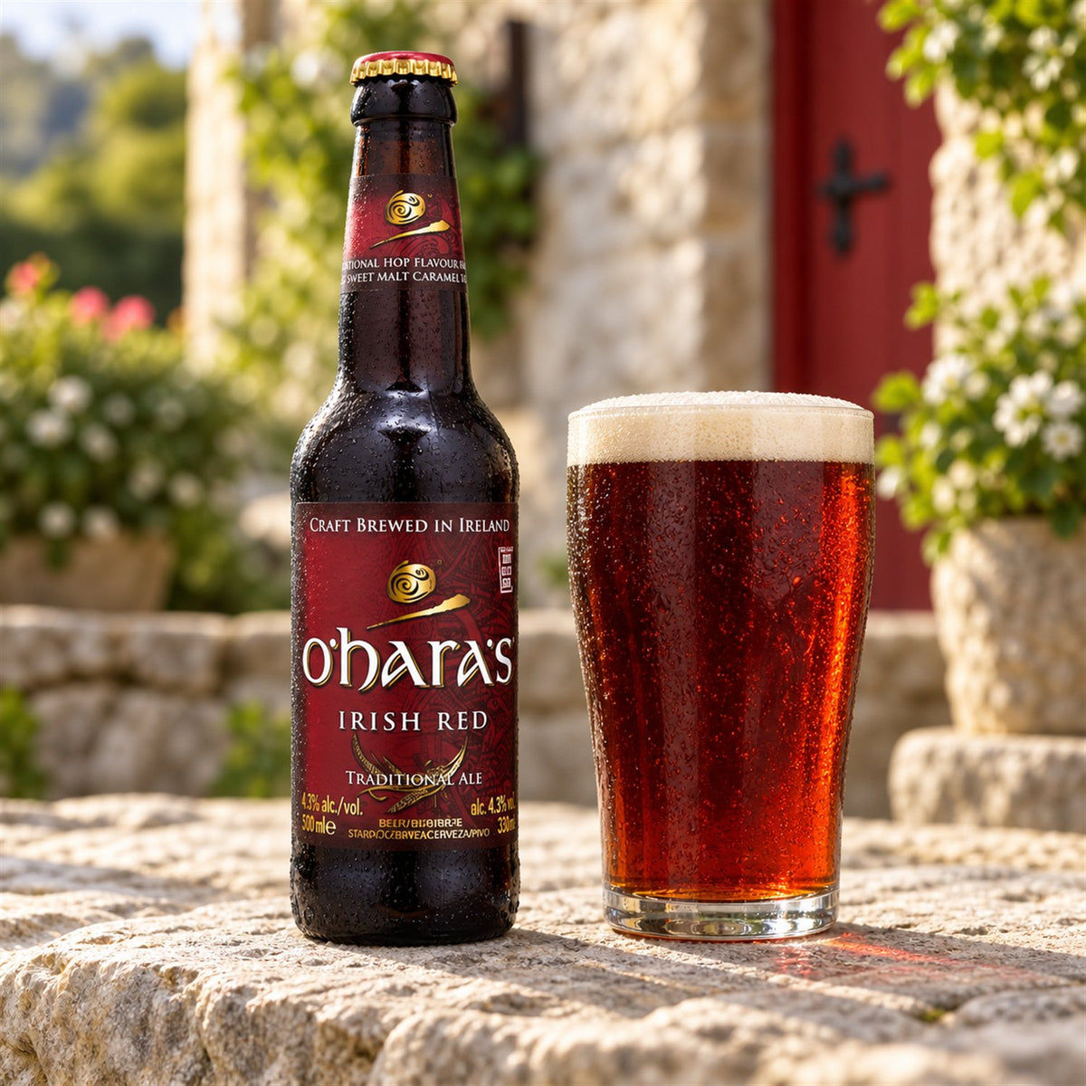 O'hara's Red: bebida servida en vaso junto a su envase