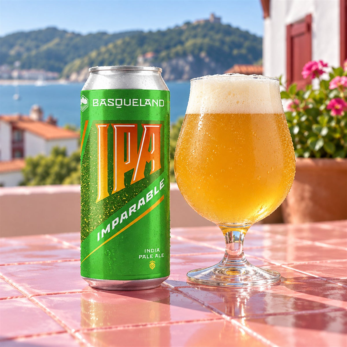 Basqueland Imparable IPA Lata: bebida servida en vaso junto a su envase