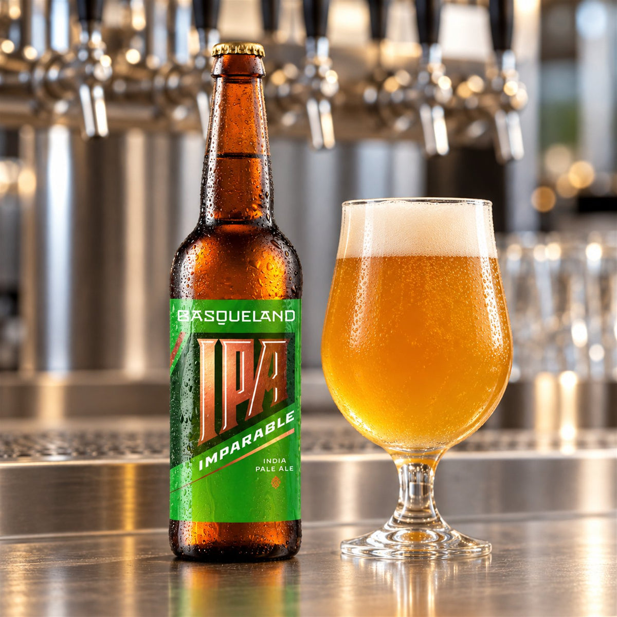 Basqueland Imparable IPA Botella: bebida servida en vaso junto a su envase