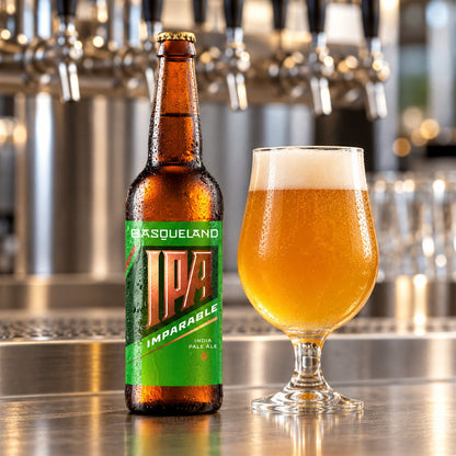 Basqueland Imparable IPA Botella: bebida servida en vaso junto a su envase