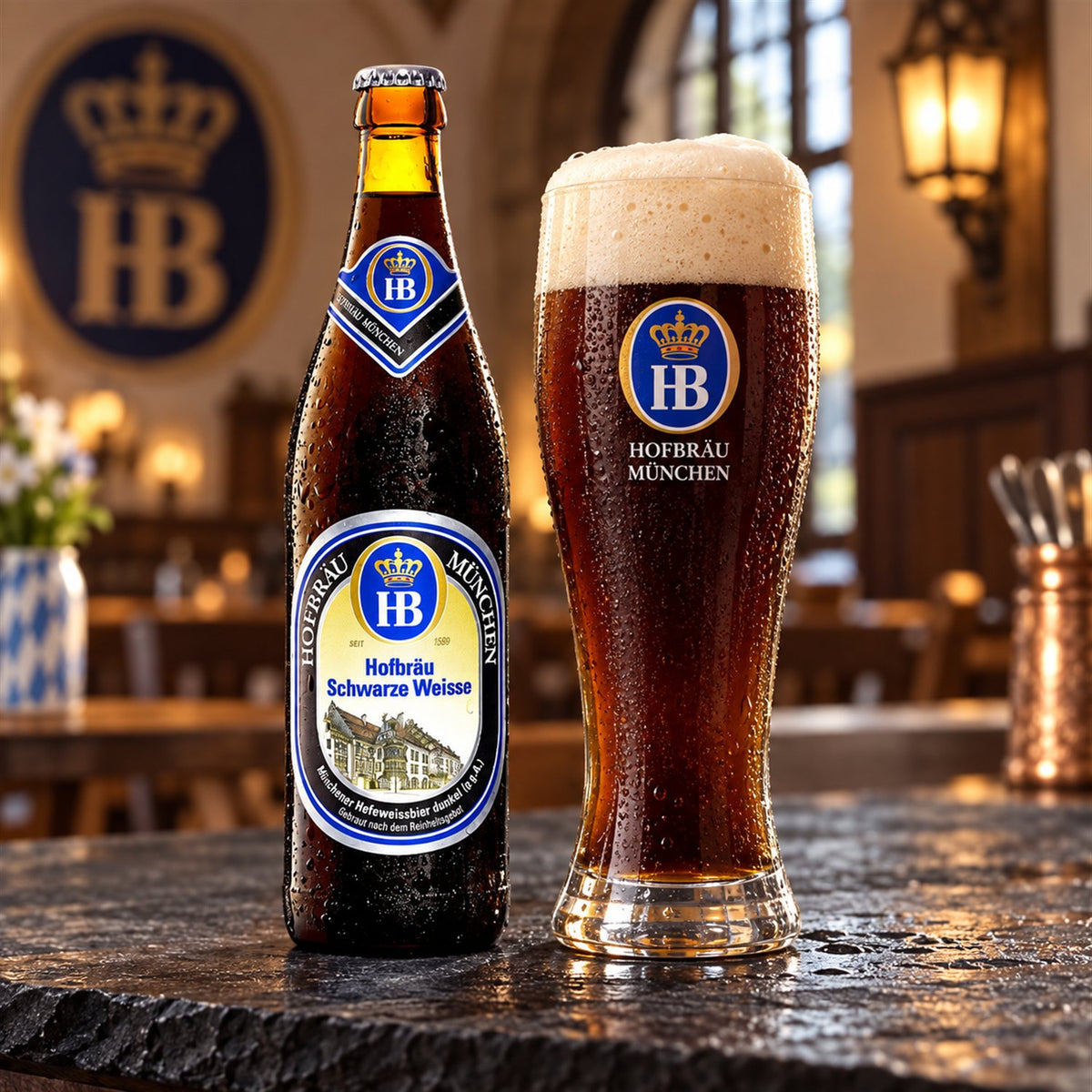HB Schwarze Weisse: bebida servida en vaso junto a su envase