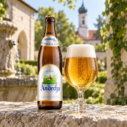 Andechs Bergbock: bebida servida en vaso junto a su envase