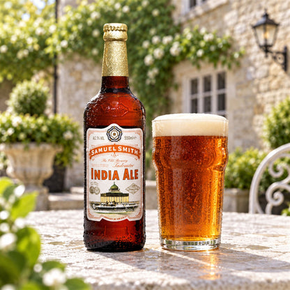 Samuel Smith India Ale IPA: bebida servida en vaso junto a su envase