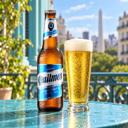 Quilmes: bebida servida en vaso junto a su envase