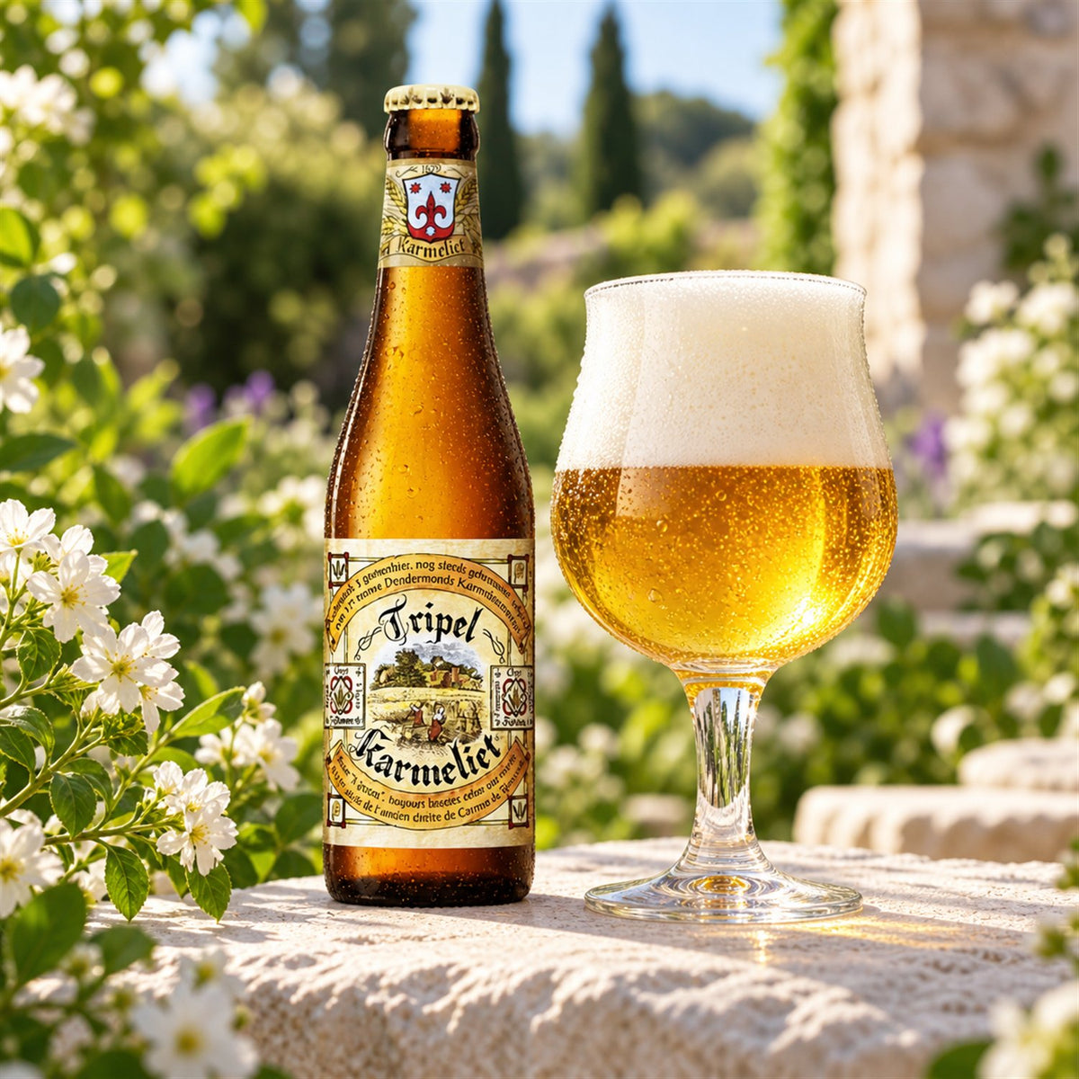 Tripel Karmeliet: bebida servida en vaso junto a su envase