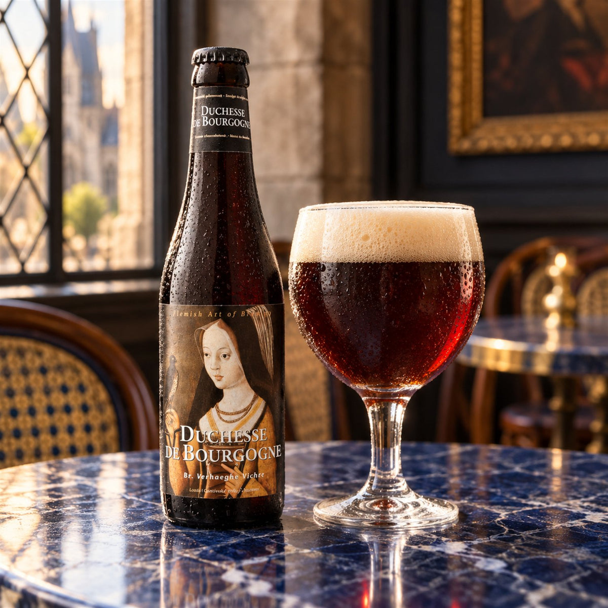 Duchesse De Bourgogne: bebida servida en vaso junto a su envase