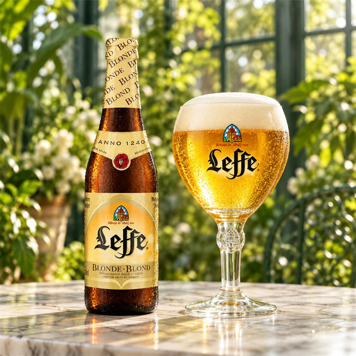 Leffe Blond: bebida servida en vaso junto a su envase