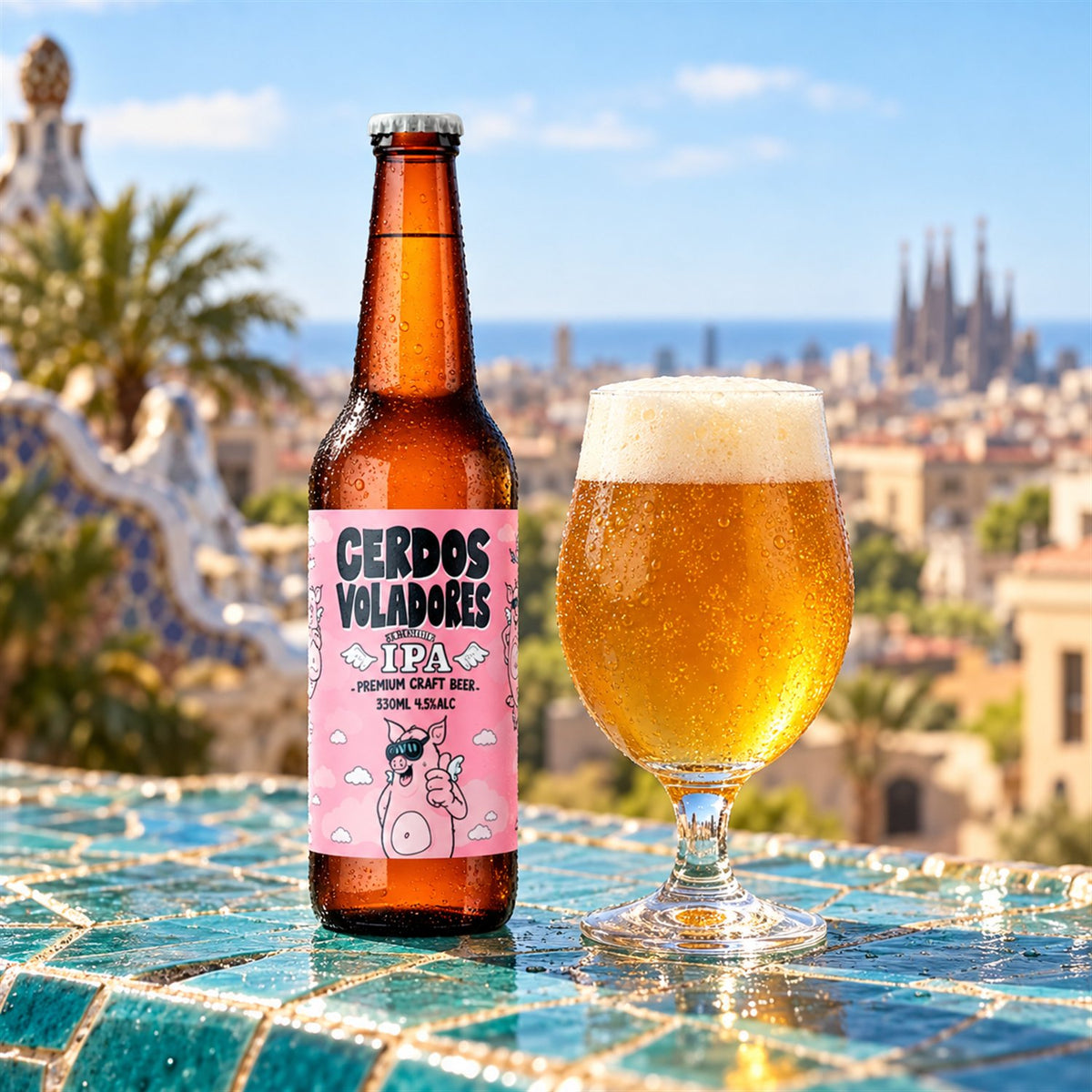 Cerdos Voladores: bebida servida en vaso junto a su envase