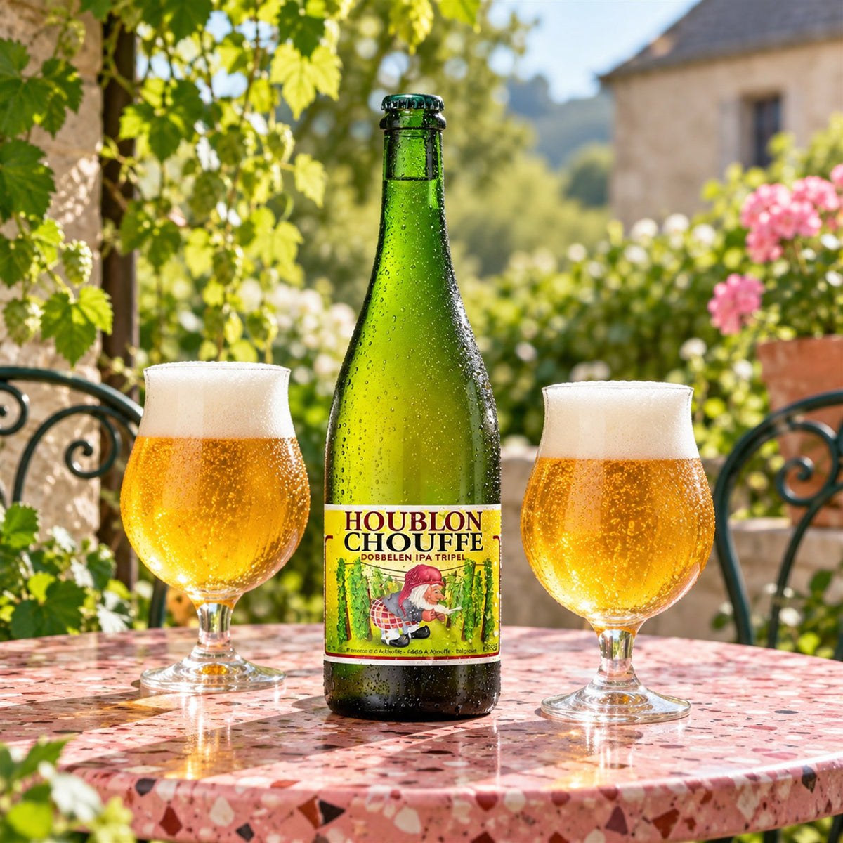 La Chouffee Houblon: bebida servida en vaso junto a su envase