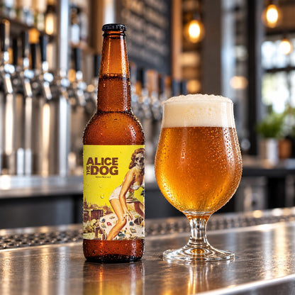 La Calavera Alice the Dog: bebida servida en vaso junto a su envase