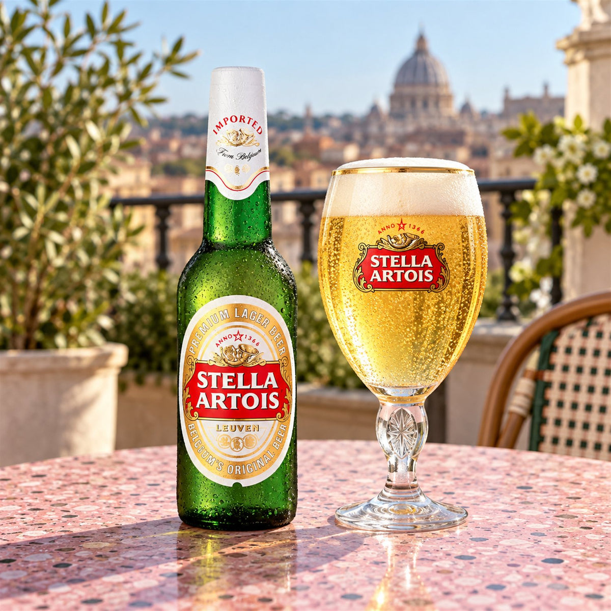 Stella Artois: bebida servida en vaso junto a su envase