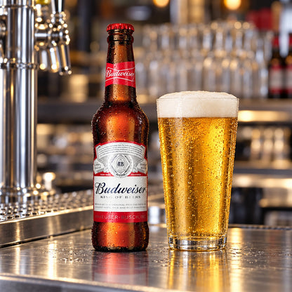 Budweiser: bebida servida en vaso junto a su envase