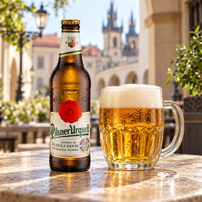 Pilsner Urquell: bebida servida en vaso junto a su envase