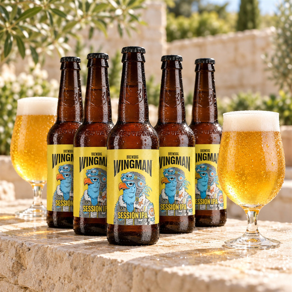 Brewdog Wingman Caja 12x33cl Botella: bebida servida en vaso junto a su envase