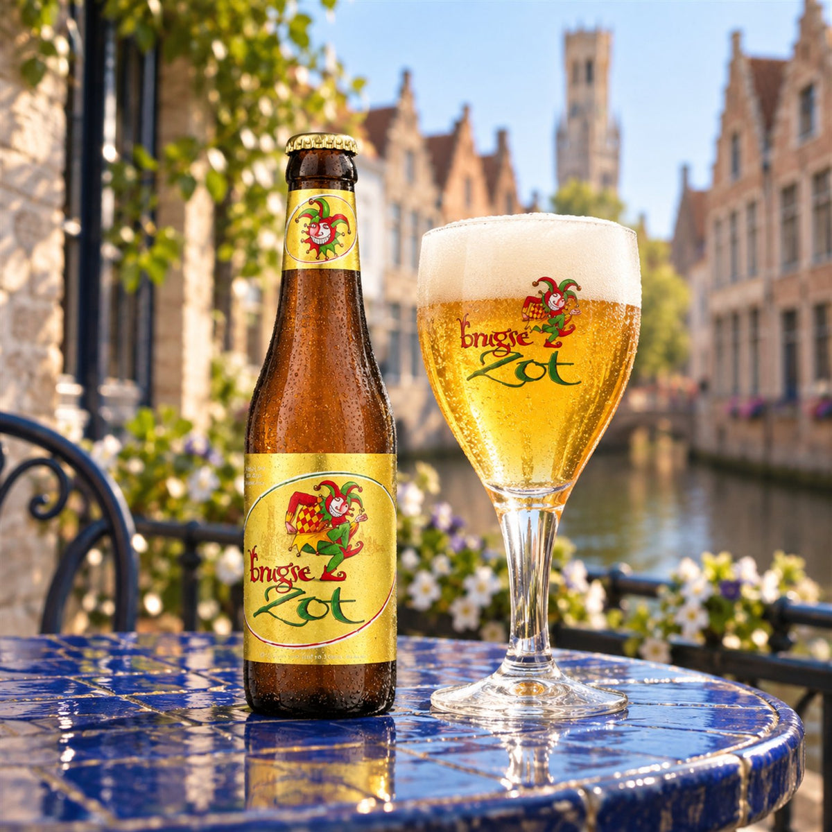 Brugse Zot Blond: bebida servida en vaso junto a su envase