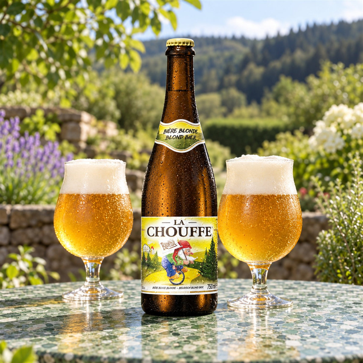 La Chouffe: bebida servida en vaso junto a su envase
