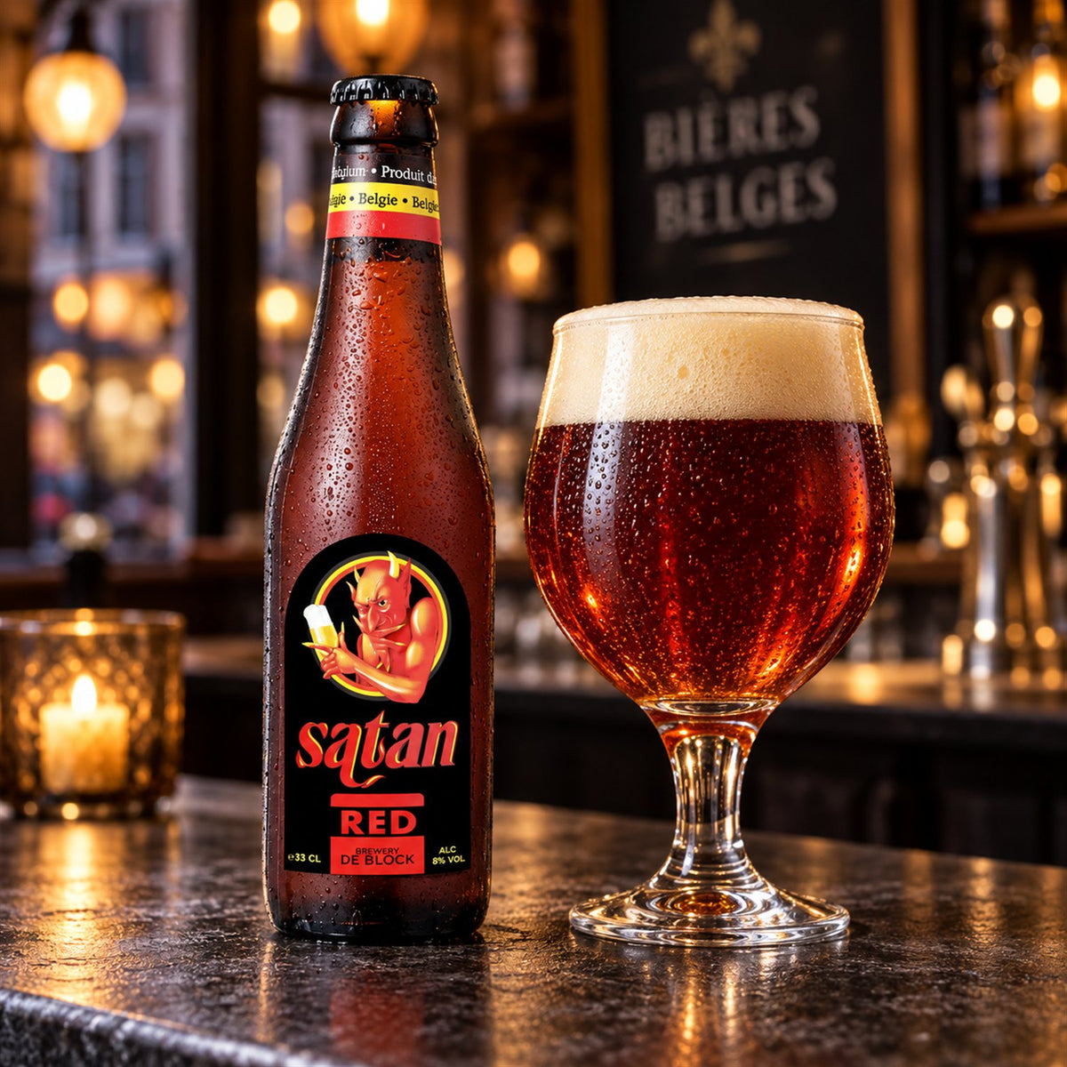 Satan Red: bebida servida en vaso junto a su envase