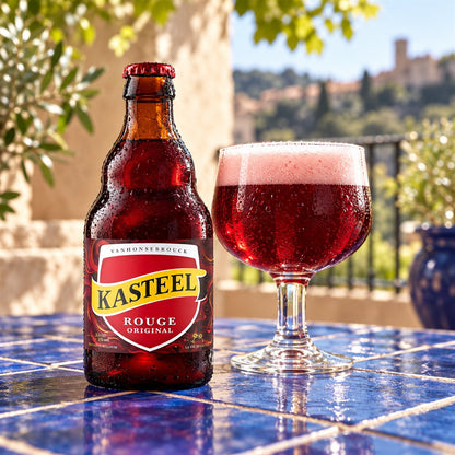 Kasteel Bier Rouge: bebida servida en vaso junto a su envase