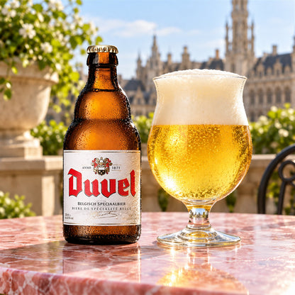 Duvel: bebida servida en vaso junto a su envase