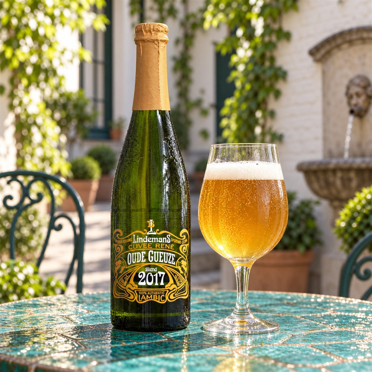 Lindemans Oude Gueuze Cuvée René: bebida servida en vaso junto a su envase