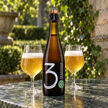 3 Fonteinen Cuvèe Armand & Gaston: bebida servida en vaso junto a su envase
