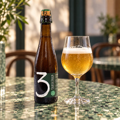 3 Fonteinen Cuvèe Armand & Gaston: bebida servida en vaso junto a su envase
