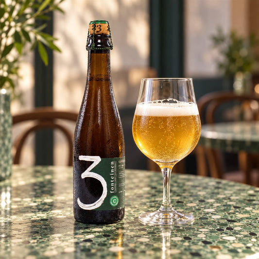 3 Fonteinen Cuvèe Armand & Gaston: bebida servida en vaso junto a su envase