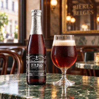 Lindemans Faro: bebida servida en vaso junto a su envase