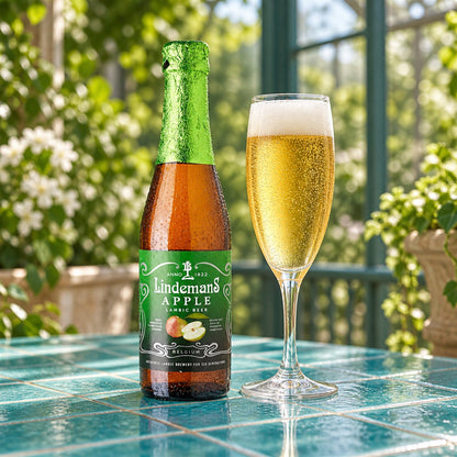 Lindemans Apple: bebida servida en vaso junto a su envase