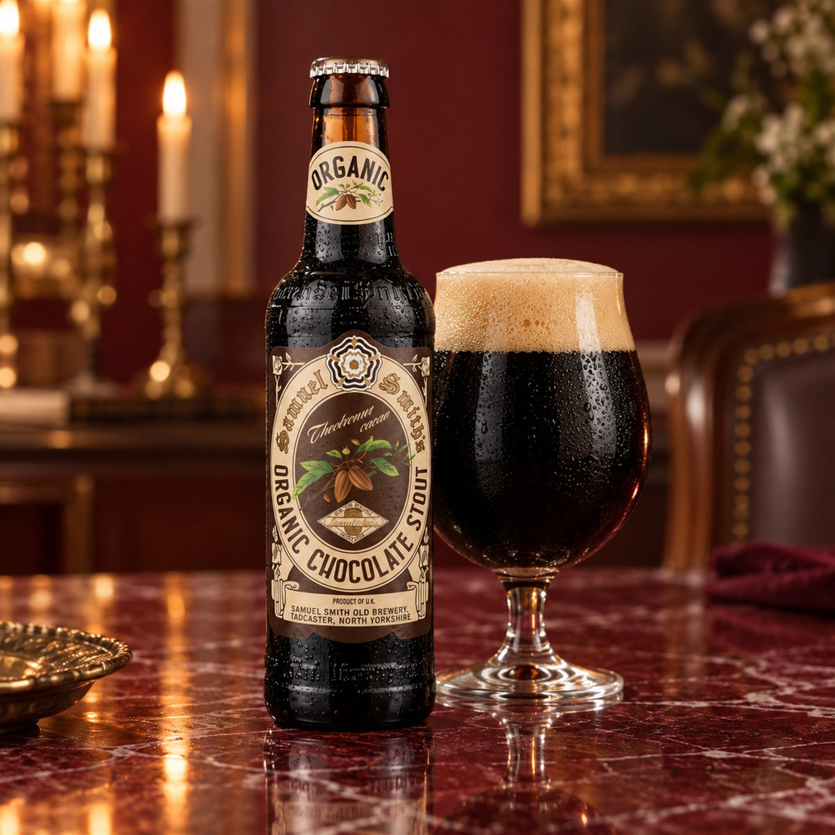 Samuel Smith Organic Chocolate Stout: bebida servida en vaso junto a su envase