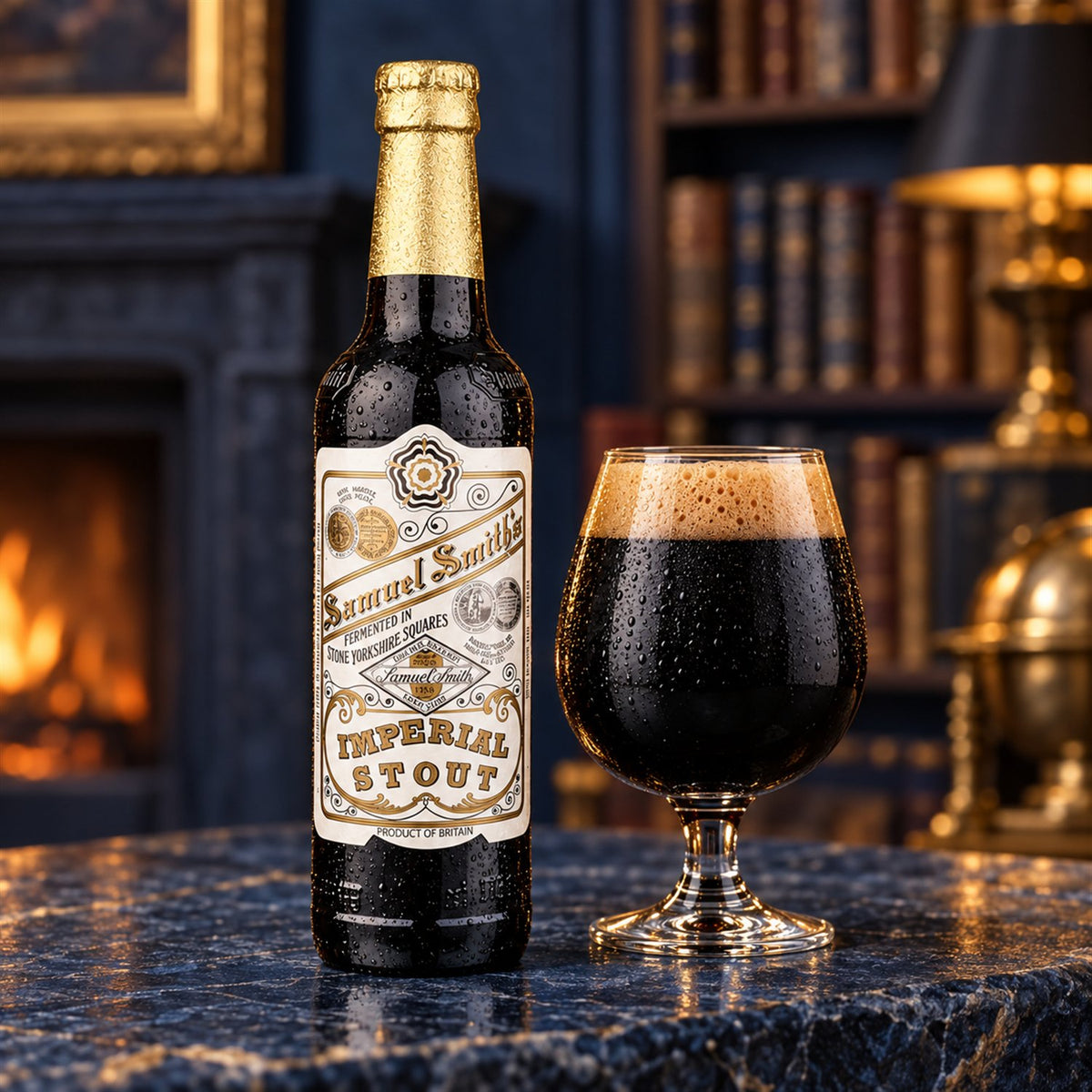 Samuel Smith Imperial Stout: bebida servida en vaso junto a su envase