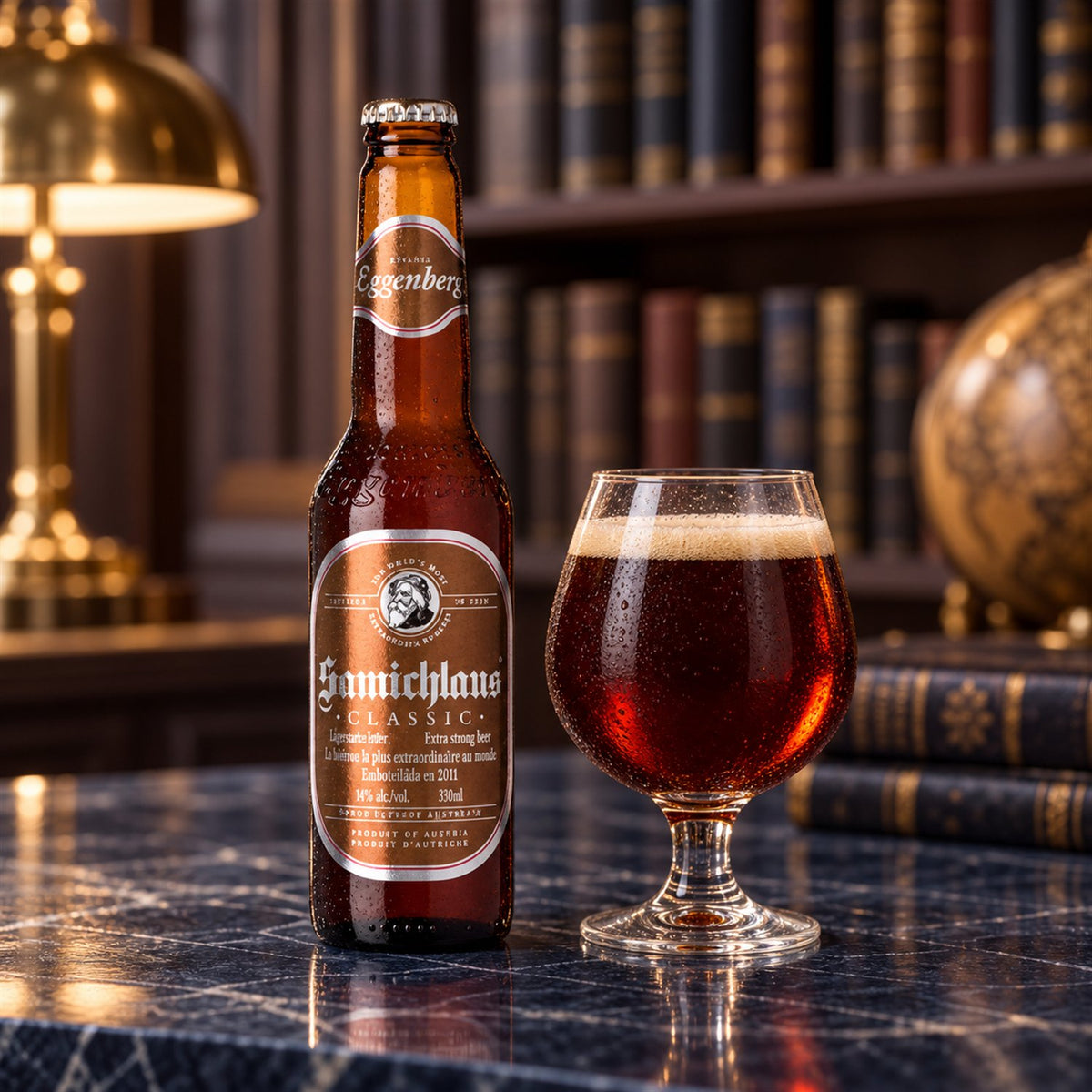 Samichlaus Classic: bebida servida en vaso junto a su envase