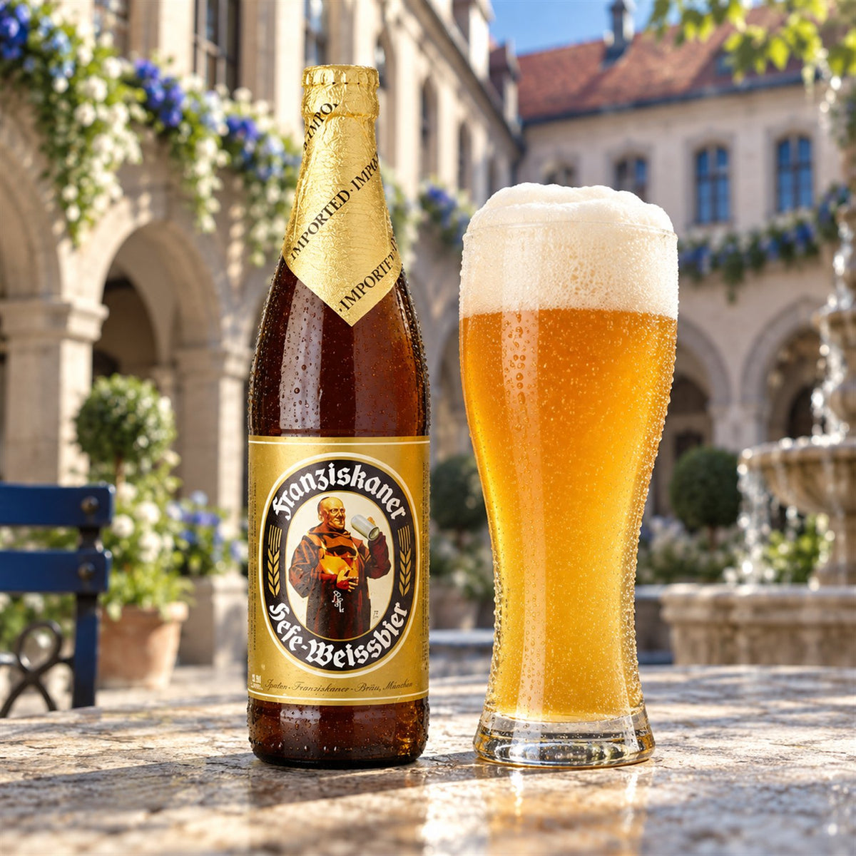 Franziskaner Weissbier: bebida servida en vaso junto a su envase