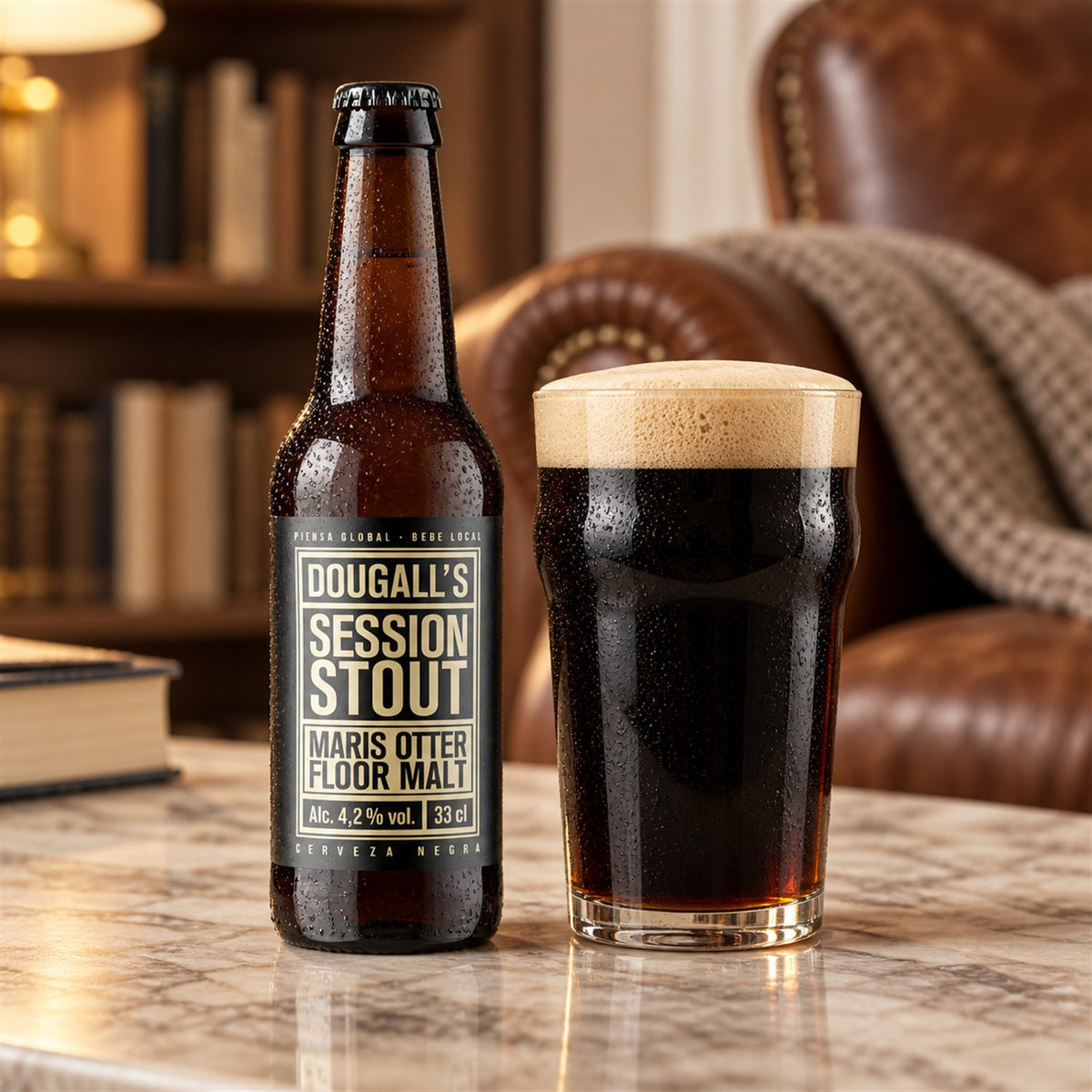 Dougall's Session Stout: bebida servida en vaso junto a su envase