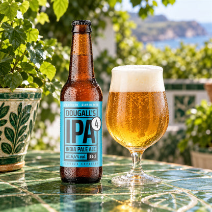 Dougall's IPA 4 botella: bebida servida en vaso junto a su envase