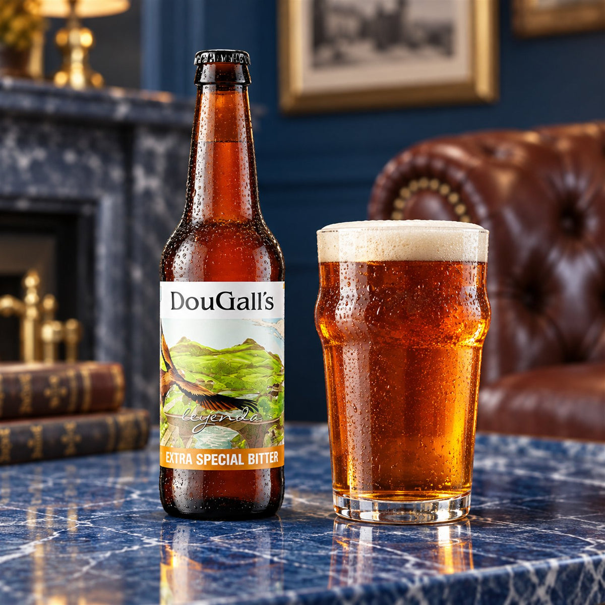 Dougall's Leyenda: bebida servida en vaso junto a su envase