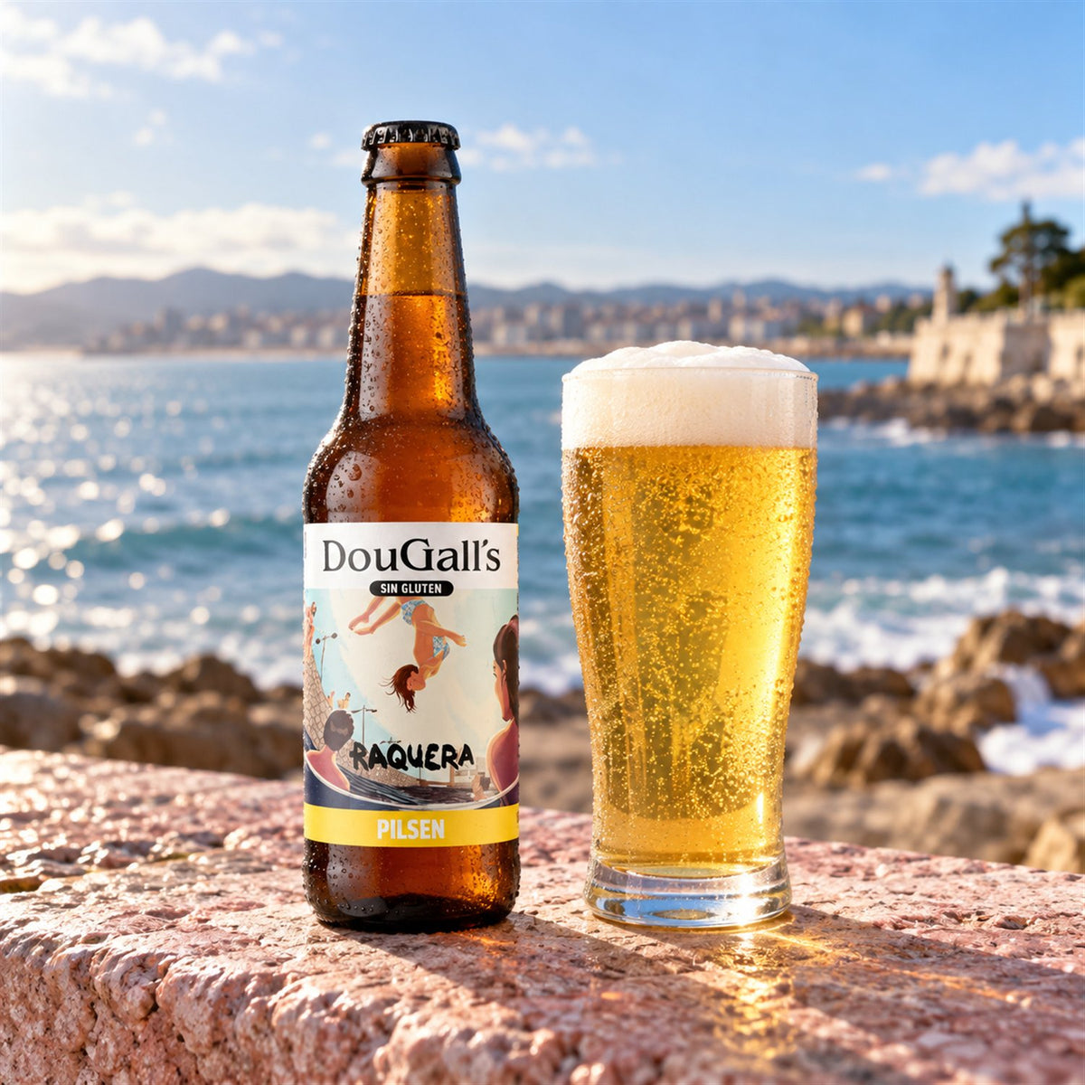 Dougall's Raquera: bebida servida en vaso junto a su envase