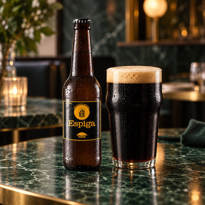 Espiga Porter: bebida servida en vaso junto a su envase