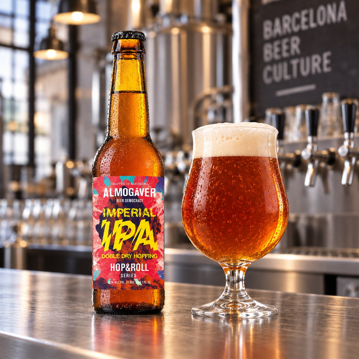 Almogàver Imperial IPA: bebida servida en vaso junto a su envase