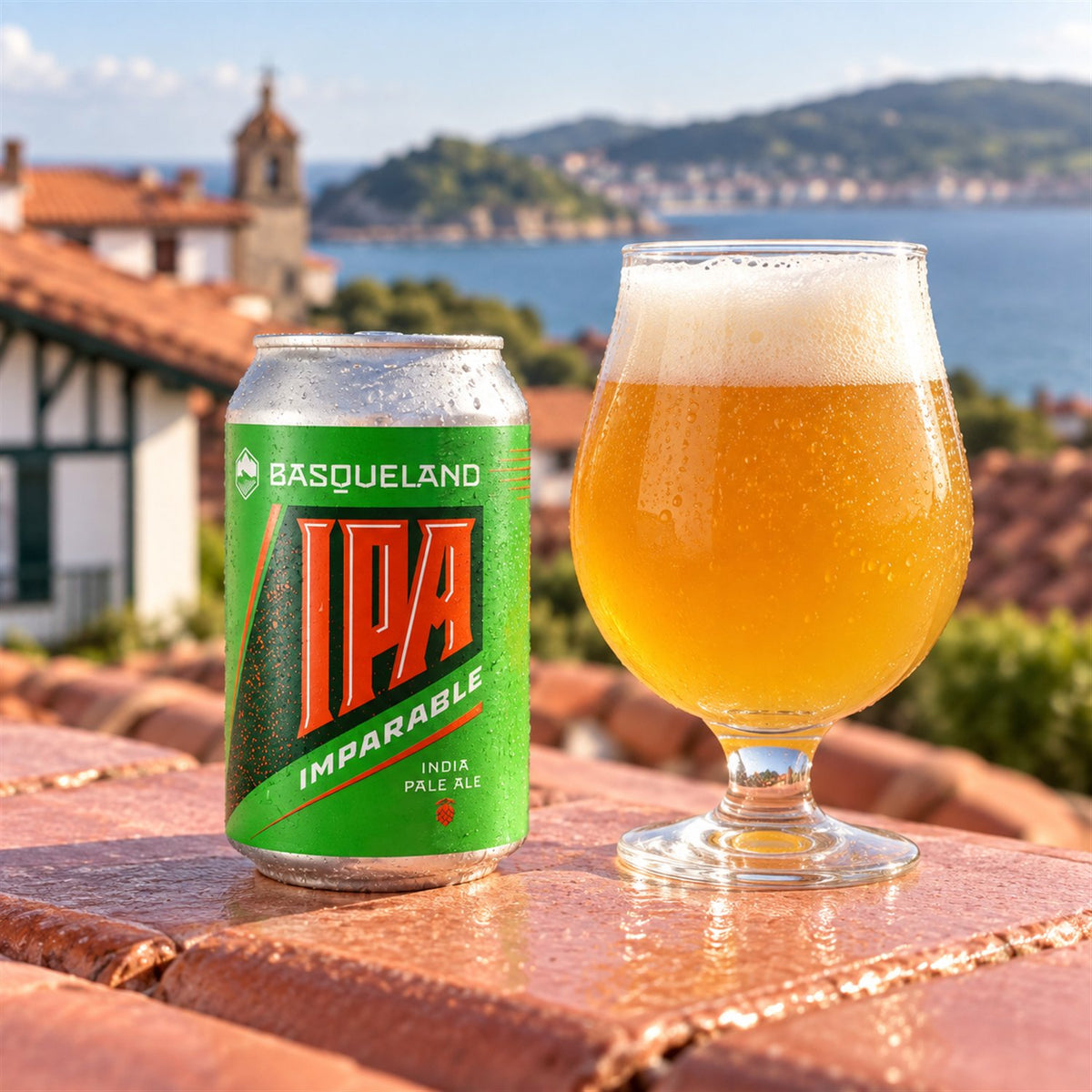 Basqueland Imparable IPA Lata: bebida servida en vaso junto a su envase