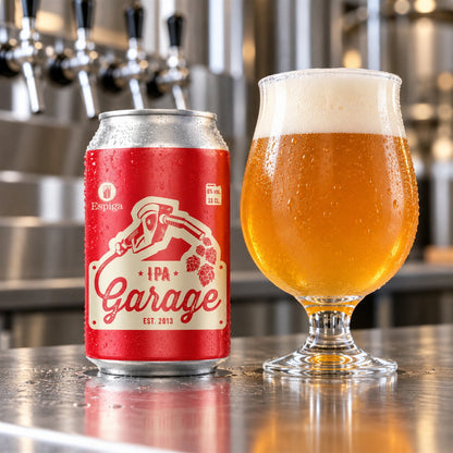 Espiga Garage IPA lata: bebida servida en vaso junto a su envase