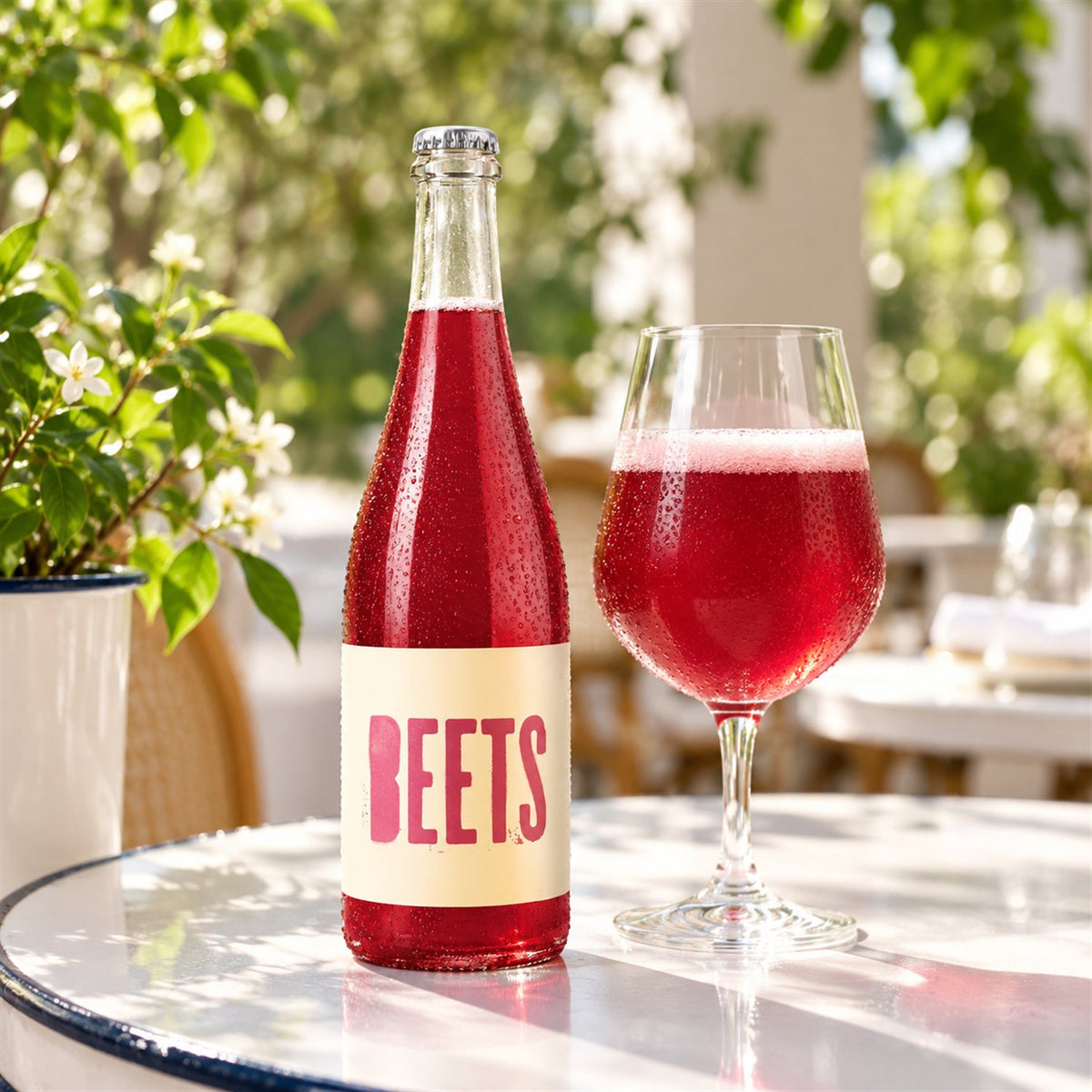 Cyclic Beets: bebida servida en vaso junto a su envase