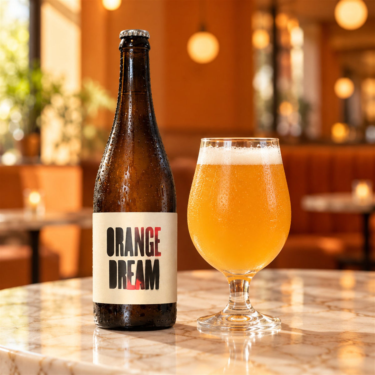 Cyclic Orange Dream: bebida servida en vaso junto a su envase