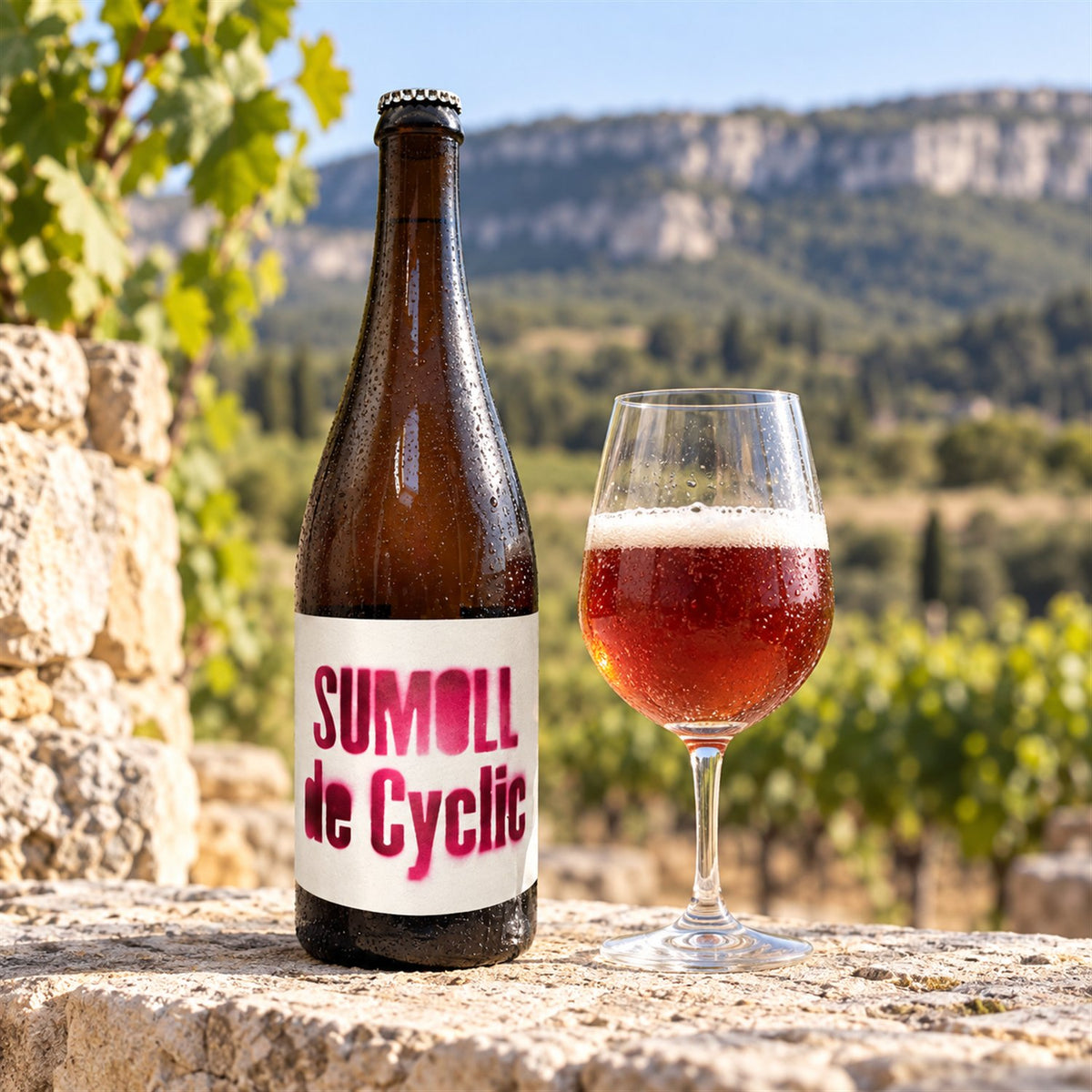 Cyclic Sumoll: bebida servida en vaso junto a su envase