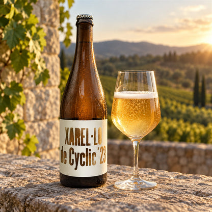 Cyclic Xarel.lo: bebida servida en vaso junto a su envase