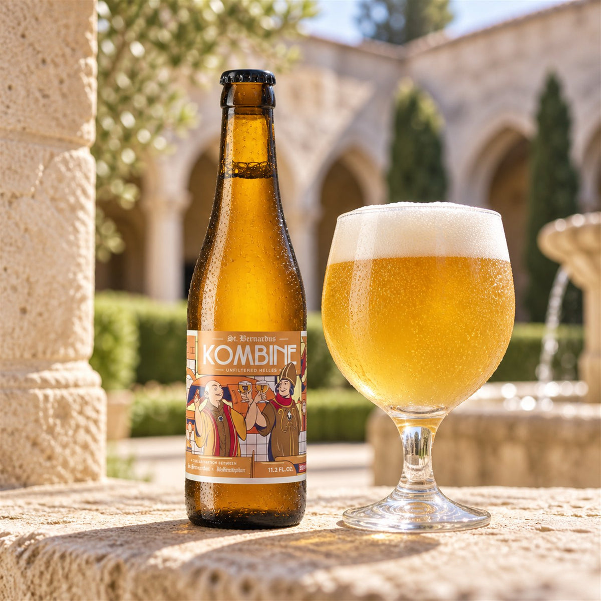 St. Bernardus Kombine: bebida servida en vaso junto a su envase